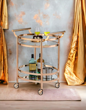 English Elm Lakelyn Rose Gold Serving Cart with Clear Tempered Glass & Mirrored Shelf, 2-Tier Mobile Bar Cart B2726P408080