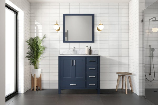 English Elm Navy Solid Wood Bath Vanity 36" W x 22" D Left Offset with Carrara Marble Top, Soft-Close Drawers B2731P258856