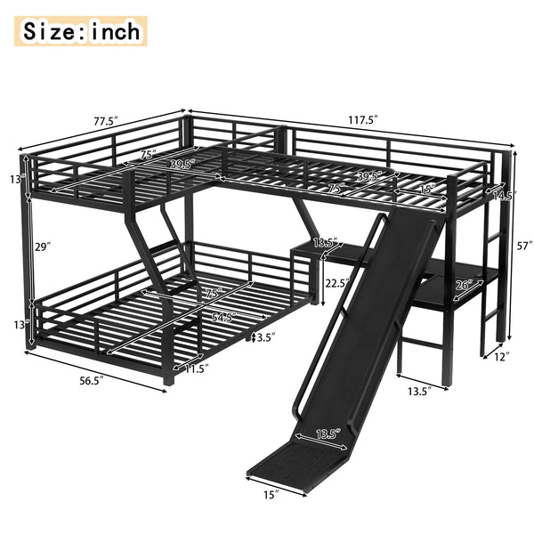 English Elm L-Shaped Triple Bunk Bed With Slide, Usb Ports, And Space-Saving Design For Kids & Teens, Black W1580S00277