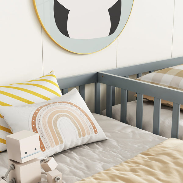 English Elm Double Twin Floor Bed With Safety Guardrails – Modern Grey, Compact Design For Shared Spaces! W504P143285