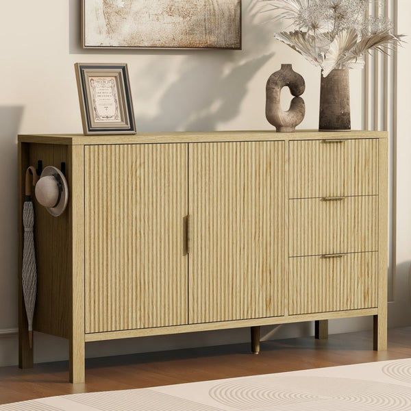 English Elm U-Style Modern Wave-Pattern Sideboard With 3 Drawers, Stylish Buffet Cabinet For Organized Living Spaces N711P345172O-GIGA