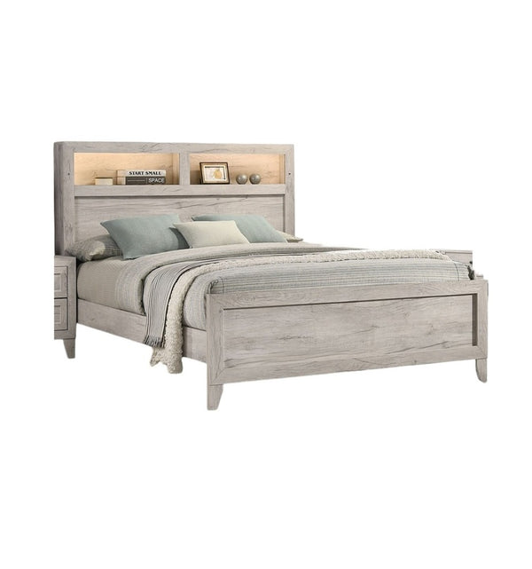 English Elm Simple Queen Size Bed With Integrated Headboard Shelves & Ambient Lighting - White Wash Finish B2741S00220-GIGA