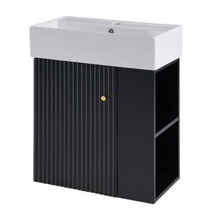 English Elm 21.6 inch Modern Floating Bathroom Vanity with Ceramic Basin, Wave Door, Rose Gold Handle Black N729P170388B