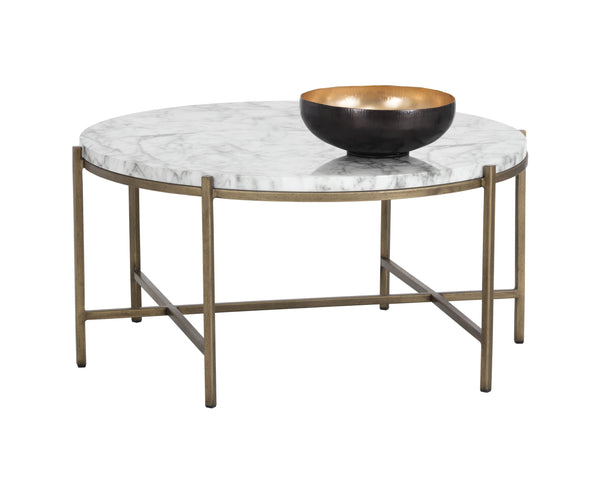 Sunpan Solana Coffee Table – Stunning Marble Look Top with Antique Brass Base for Modern Living Spaces Round - 34W x 34D x 16H