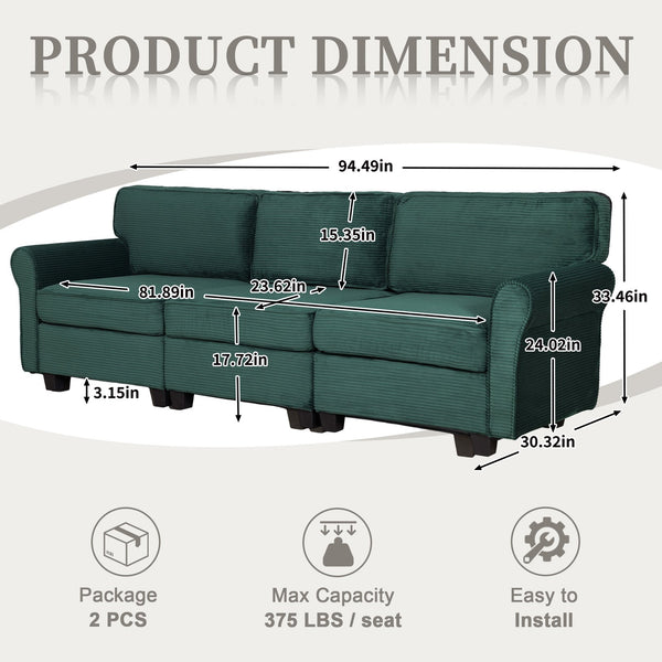 English Elm 94" Corduroy Three Seater Sofa Deep Cushioned Solid Wood Frame Modern Living Room Couch Dark Green W2715S00007