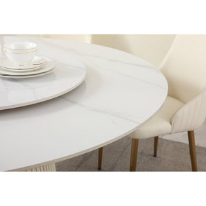 English Elm 59"modern Sintered Stone Round Dining Table Set Seats Six with Sculptural Leather Pedestal W509S00166