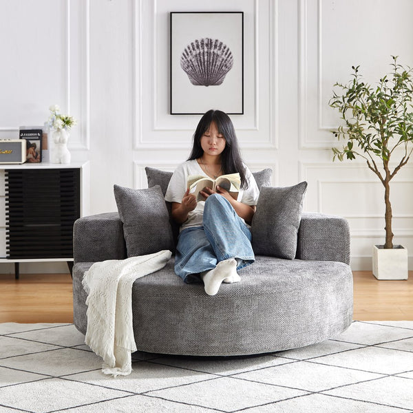 English Elm 55''L Chenille Foam Single Swivel Chair with Plush Backrest Pillow, 360° Smooth Recline for Living Room Lounge Comfort Grey W834S00352