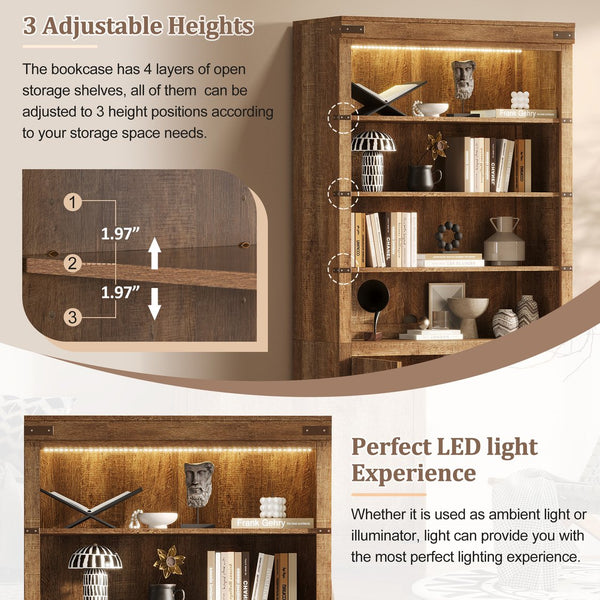 English Elm 83.4"Tall Modern Bookshelf with Doors Walnut, LED Accent Lighting, 3 Adjustable Shelves, Storage Cabinet N751S346154W