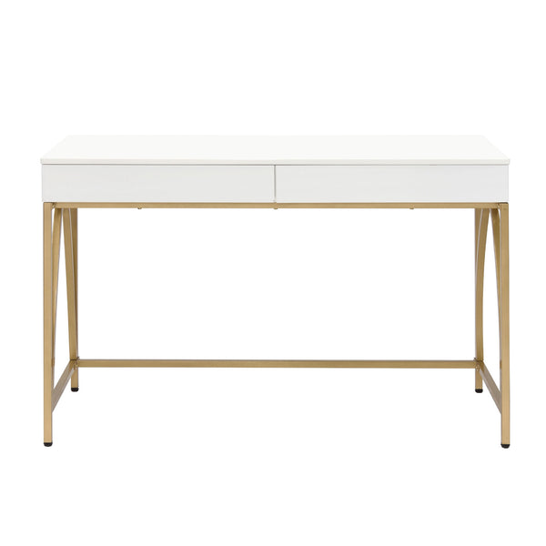 English Elm 2 Drawer Writing Desk White High Gloss Top with Gold Metal Trestle Legs, Two Storage Drawers, Glam Home Office Accent Piece B016P317513