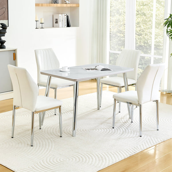 English Elm Table and Chair Set Marble Glass Top Silver Legs Four Seat Modern Dining W1151S04641
