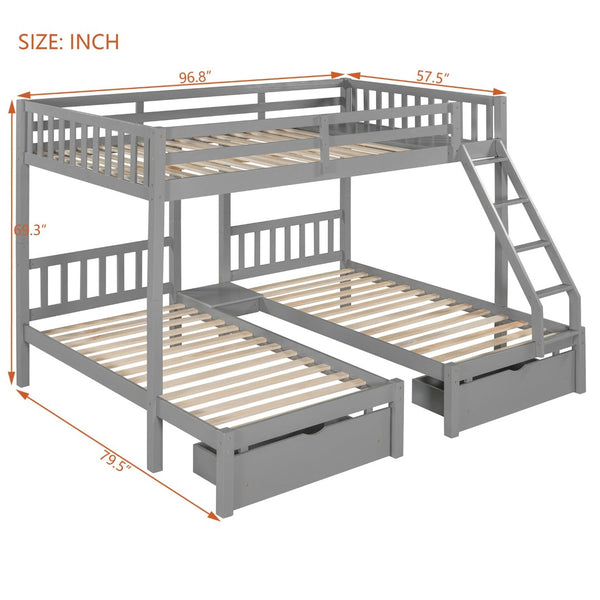 English Elm Full Over Twin Triple Bunk Bed Pine Wood Frame with Storage Drawers and Guardrails LT000343AAE-1