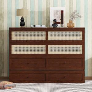 English Elm Queen Size Murphy Bed - Stylish Walnut Pine Cabinet With Rattan Accents & Full-Width Storage Drawer W504S00231-GIGA