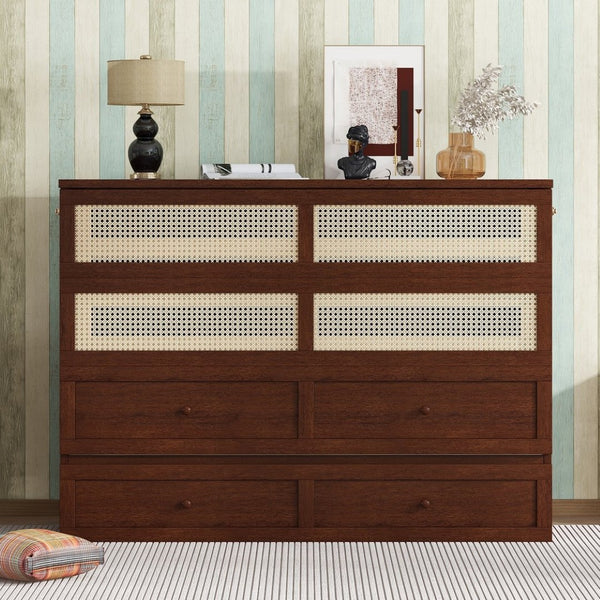 English Elm Queen Size Murphy Bed - Stylish Walnut Pine Cabinet With Rattan Accents & Full-Width Storage Drawer W504S00231-GIGA
