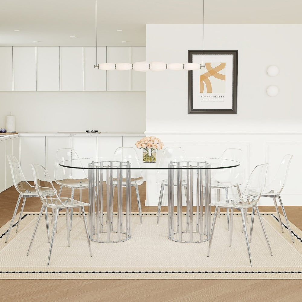 English Elm Table and Chair Set Oval Tempered Glass Top Silver Base with 8 Acrylic Dining Seats W1151S04747