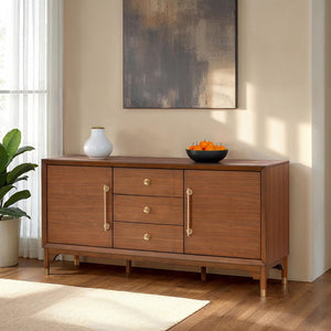 English Elm 1pc Mid-century Walnut Veneer Dining Server with Gold Legs and Bar Pull Hardware B2741P446683