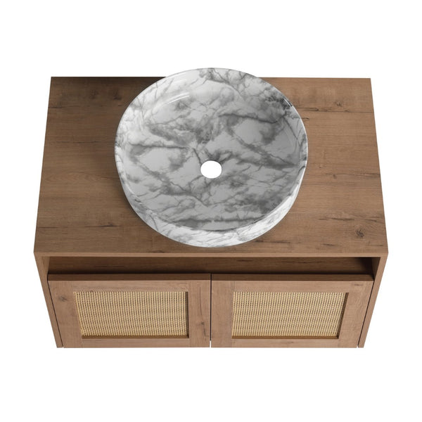 English Elm 30" Wall Mounted Bathroom Vanity Oak Finish Ceramic Art Sink Soft Close Storage W999S00493