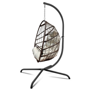 English Elm Swing Egg Chair with Stand - Foldable Wicker Rattan Hanging Basket, Safety Guardrail & Cup Holder beige brown W2707P184390