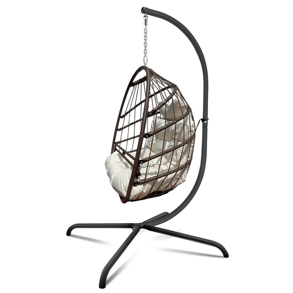 English Elm Swing Egg Chair with Stand - Foldable Wicker Rattan Hanging Basket, Safety Guardrail & Cup Holder beige brown W2707P184390