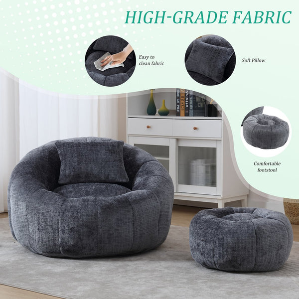 English Elm UNITED Cloud-Luxe Chenille Memory Foam Bean Bag Chair with Ottoman and Pillow for Ultimate Comfort Gray W1568P361697