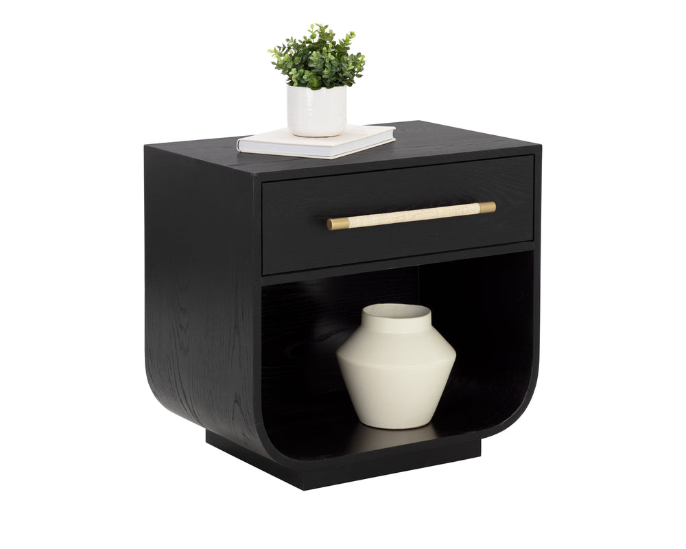 Sunpan Tarrant Nightstand – Elegant Black Oak with Raffia Handles and Modern Curves for Stylish Storage Solutions