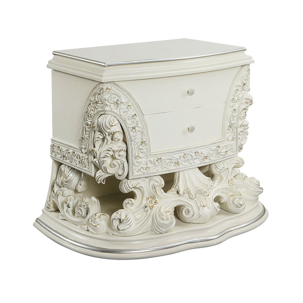 English Elm Adara Scrolled Floral Antique White Nightstand with Felt-Lined Self-Close Drawers, 2 Storage B2726P293224