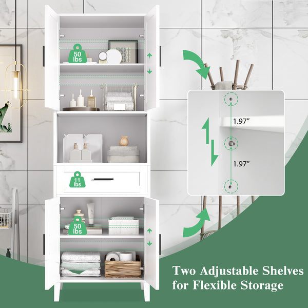 English Elm 70.9" High Freestanding Tall Bathroom Cabinet with Soft-Close Doors, Drawer & Adjustable Shelves for Organized Living White N729P272001K