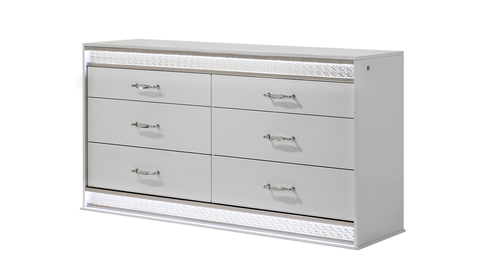 English Elm Glam 6-Drawer LED Dresser with Crystal Accents, Lacquer Finish, Velvet-Lined Top Drawers, 60"W G150108642