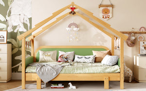English Elm Twin Pine Treehouse Floor Bed with Padded Rails and Cabin Roofline for Kids Green W1580S00384