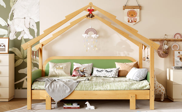English Elm Twin Pine Treehouse Floor Bed with Padded Rails and Cabin Roofline for Kids Green W1580S00384