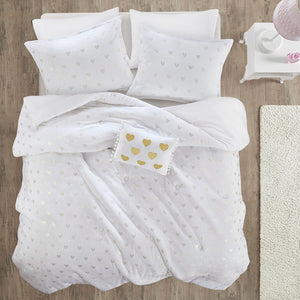 JLA Home Mi Zone - Metallic Plush Comforter Set with Shimmering Heart Print, Hypoallergenic Fill, OEKO-TEX Certified Washable White/Gold MZ10-0650