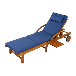 English Elm U_style Acacia Wood Outdoor Chaise Lounger with Reclining Backrest Cushions and Side Tray Navy Blue N711P415859C