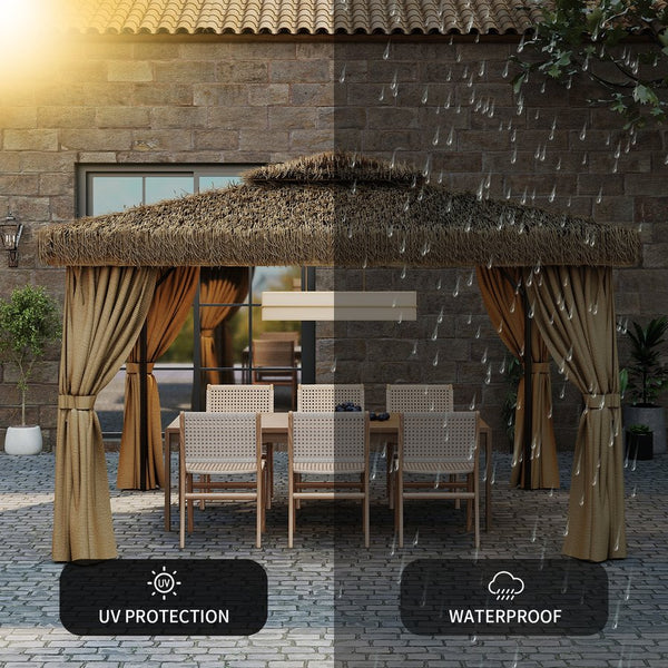 English Elm Outdoor Hawaiian Tiki Gazebo with Pe Thatch Roof Aluminum Frame and Mosquito Net T3963S00001