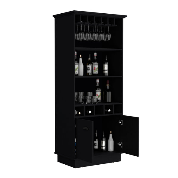 English Elm Dundee 70-Inch High Bar Cabinet with 10 Glass Doors, 5 Cubbies, 3 Shelves for Wine & Decor Black 69 L x 24 W x 4 H B070S00321