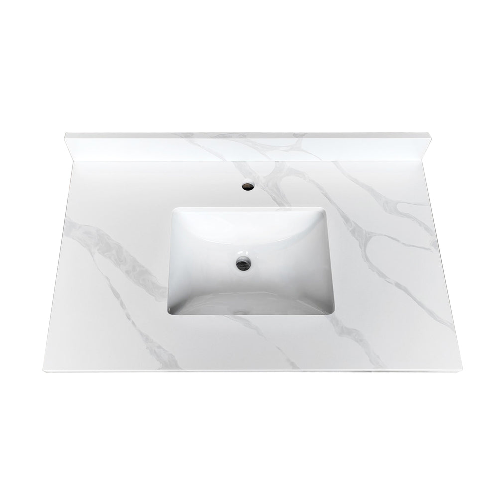 English Elm 37-inch Carrara Quartz Vanity Top Undermount Sink Marble Veined Stain Resistant Bath W2699P459405