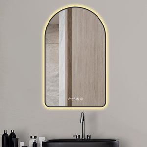 English Elm 28"x48"Arched LED Mirror with Clock & Thermometer, Anti-Fog, Dimmable 3-Color Backlight, Black Frame W2709P242512