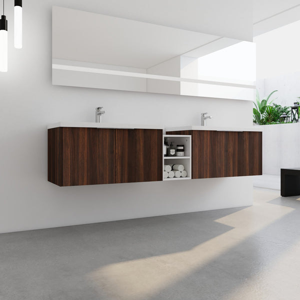 English Elm 84 Inch Wall Mounted Vanity with Dual Resin Sinks, Soft Close Doors, Metal Handles, Ample Storage Space California Walnut W999S00191