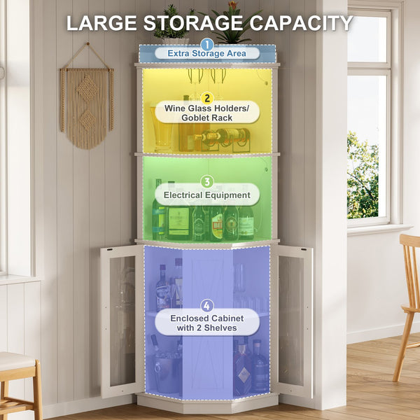 English Elm 67.3" Farmhouse Corner Bar Cabinet Led Lit Wine Storage with Built-in Power Outlets N735P361423K