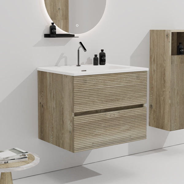 English Elm Gloria 24" Natural Oak Floating Bathroom Vanity with Integrated Ceramic Basin, 20% More Storage, Soft-Closing Drawers W1865S00120