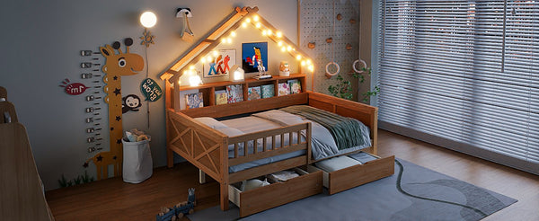 English Elm Wood Full Size Gaming Loft Bed with Integrated Desk, Shelves, LED Lighting & Hanging Clothes Rack Natural N7090001044N