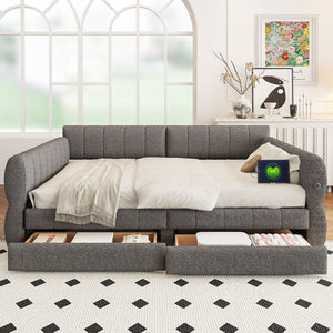 English Elm Queen Lambswool Platform Bed with Usb Charging Armrests and Under Storage Drawers Gray N7500000601E