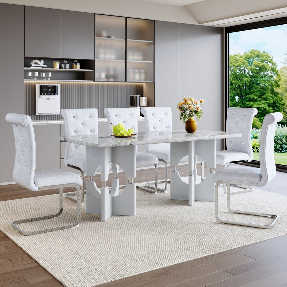 English Elm Modern White Faux Marble 7 Piece Dining Set Tufted Pvc Chairs for Kitchen Grey,White W3875S00058