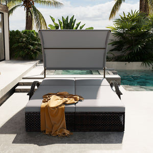English Elm U_style Outdoor Double Sun Lounger Hdpe Wicker Steel Frame with Canopy Pop up Tables Gray WY000485AAE
