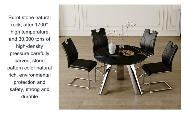 English Elm Table 5-Piece Dining Set: Contemporary Round Sintered Stone Top With 4 Stylish Black Chairs & Legs W2920S00017-GIGA