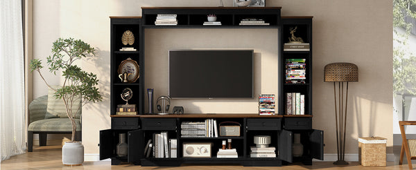 English Elm U-can Farmhouse Wall Unit with Barn Doors Built-in Power Outlets and Open Shelving Black+Brown SJ000154AAB