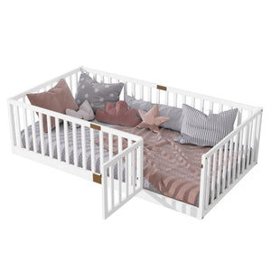 English Elm Twin House Frame Floor Bed Rubberwood with Roof Canopy and Safety Rails for Kids White W504P429538