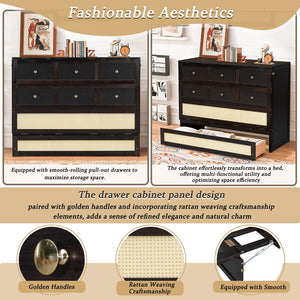 English Elm Full Size Murphy Wall Bed Cabinet with Rattan Panel Detailing and Storage Drawers Espresso N708P336203P