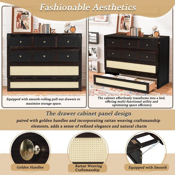 English Elm Full Size Murphy Wall Bed Cabinet with Rattan Panel Detailing and Storage Drawers Espresso N708P336203P