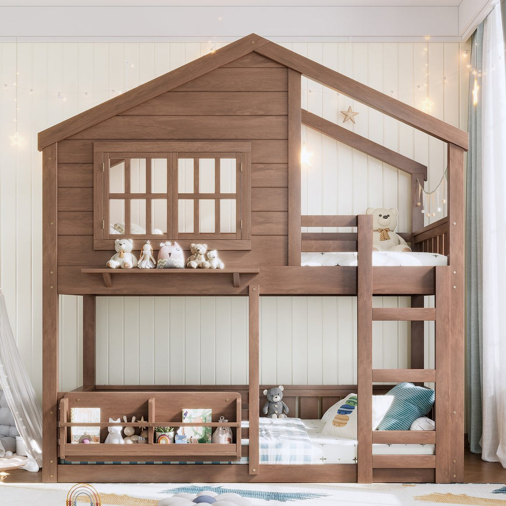 English Elm Full Bunk Bed with Trundle Bookshelf Storage Pine Frame Car Design for Kids W1580S00521