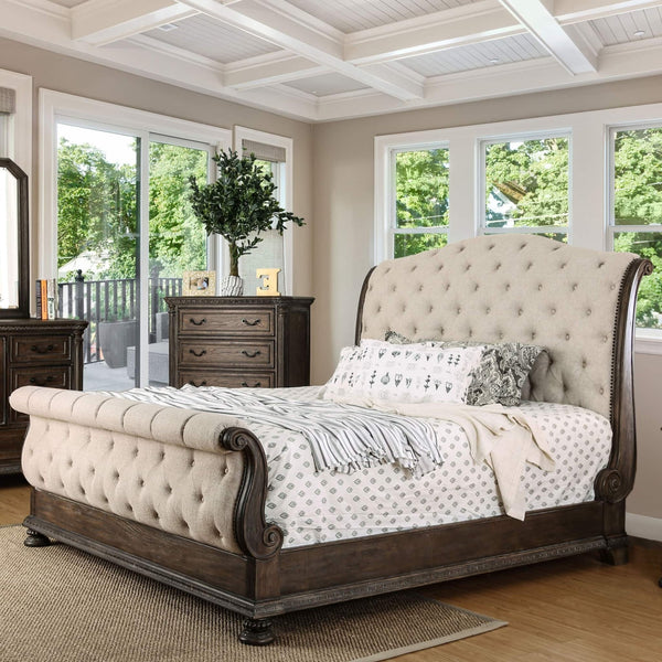 English Elm Rustic Solid Wood Queen Sleigh Bed with Button Tufted Beige Linen Upholstered Frame B2741S00866