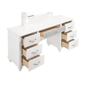 English Elm Charlotte White 7-Drawer Vanity Desk with LED Mirror, Glossy Modern Glam Makeup Table for Luxe Rooms B062S01008